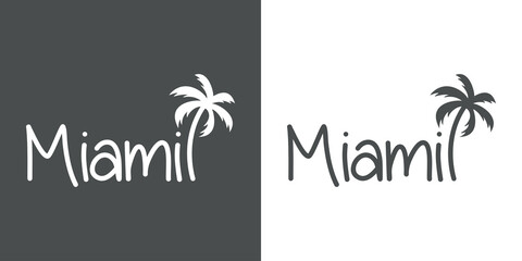 miami beach. destino de vacaciones. banner con texto miami con silueta de palmera en fondo gris y fo