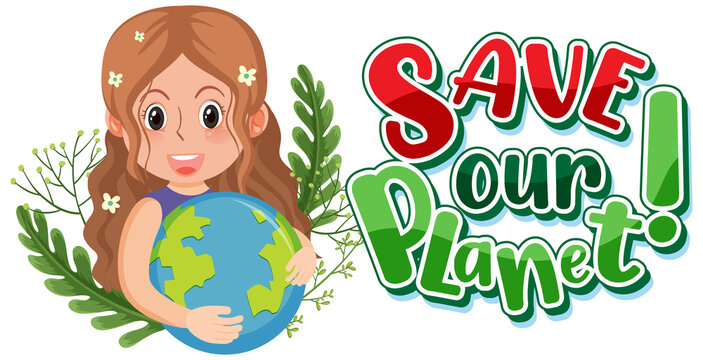 Save our planet typography logo with a woman hugging earth globe