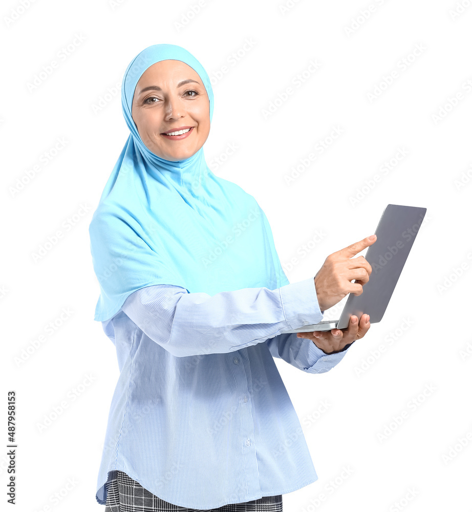 Muslim secretary with laptop on white background
