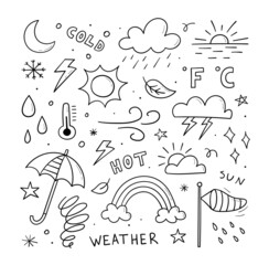 set of weather icons. hand drawn doodle illustration. contains sign of the sun, clouds, snowflakes, 