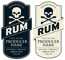 Set Of Monochrome Vector Labels For Rum In Figured Frames With Human Skulls And Crossbones In Retro Style. Pirates Collection Of Strong Alcoholic Beverages Premium Quality, Iced In Oak