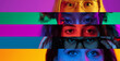 Neon stripes, loines. Closeup human eyes on multicolored background in neon light. Collage made of cropped faces of male and female models. Diversity