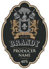 Wall Mural - vector label for brandy with hand-drawn coat of arms on a black background in the figured frame. har