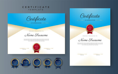 Modern trendy futuristic light blue certificate of achievement border template with luxury badge and modern line pattern. For award, business, and education needs