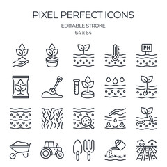 Soil and gardening related editable stroke outline icons set isolated on white background flat vector illustration. Pixel perfect. 64 x 64.