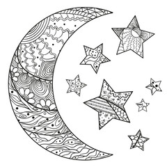 Wall Mural - Crescent on white. Moon and stars with abstract patterns on isolation background. Zentangle. Design for spiritual relaxation for adults. Black and white illustration for anti stress colouring page