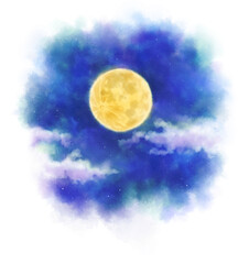 full moon and clouds drawn in digital watercolor