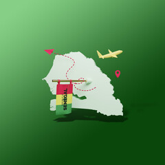 Travel post with 3d model of the map of Senegal. Tourist visa and offer post design for social media ads.