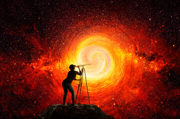 Wall Mural - woman looking at the stars through a telescope