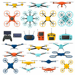 Drone technology aerial gadgets, unmanned aerial quadcopters. Modern multicolored aerial copters vector symbols set. Delivery flying drones