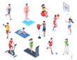 Isometric people do sports, boxing, golf and fitness. Characters do outdoor and indoor sports vector illustration set. Professional athletes exercising