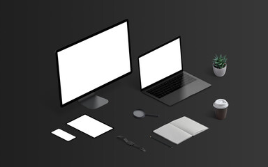 Poster - Isometric dark device mockup template for responsive design showcase. Computer display, laptop, tablet and smart phone on black desk. Pad, pen, plant, coffee, wathc beside
