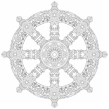 Dharma Wheel Or Dharmachakra, Theach And Walk To The Path Of Nirvana. For Coloring