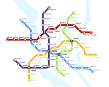 Metro, Subway, Underground Transport System Vector Map. Railway Transport Line Plan With Metro Stations, Colorful Network Of Train Routes And Tube Tunnels, Subway City Map, Scheme Or Diagram Template