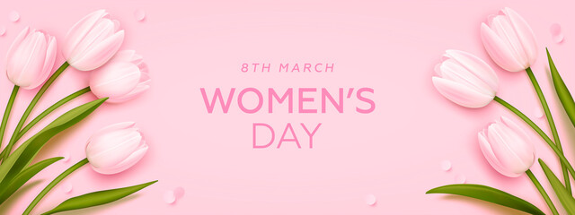 Women's day banner. 8 march holiday background with realistic tulips. Vector illustration for poster, brochures, booklets, promotional materials, website