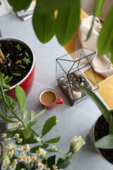 Wall Mural - Red mug with coffee with milk on the table in interior