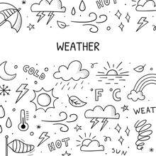 Hand Drawn Set Of Weather Objects And Elements. Illustration In Doodle Sketch Style For Banner, Frame, Poster Design.