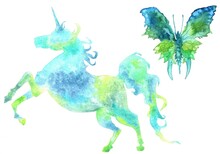 Watercolor Silhouette Of A Unicorn And A Turquoise Butterfly Isolated On A White Background