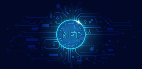 Wall Mural - Non fungible token NFT.Technology background with circuit.NFT logo dark blue.Crypto currency concept.