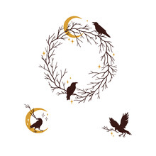 Crow Silhouette Leafless Tree Branch Wreath Crescent Moon Twig In Beak Vector Illustration Set Isolated On White. Mystical Occult Black Raven Print Collection For Halloween.