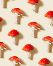 Pattern With Mushroom Amanita Muscaria, Fly Agaric Or Fly Amanita. Toxic And Hallucinogenic Mushrooms On Beige Paper Background. Close Up Poisonous Natural Plant