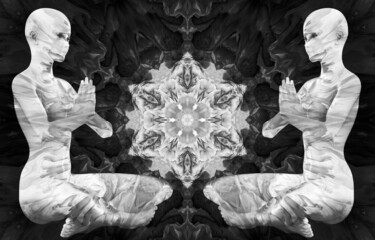 Wall Mural - Silhouette of a girls in Lotus position on the background of the fractal universe. A state of trance and deep meditation. A spiritual journey in the universe. 3D illustrations.