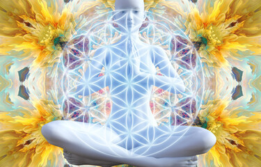Wall Mural - Silhouette of a girl in Lotus position on the background of the fractal universe. A state of trance and deep meditation. A spiritual journey in the universe. 3D illustrations.