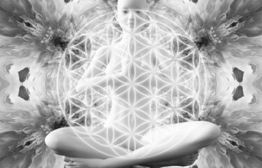 Wall Mural - Silhouette of a girls in Lotus position on the background of the fractal universe. A state of trance and deep meditation. A spiritual journey in the universe. 3D illustrations.