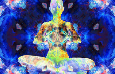 Wall Mural - Silhouette of a girl in Lotus position on the background of the fractal universe. A state of trance and deep meditation. A spiritual journey in the universe. 3D illustrations.