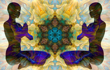 Wall Mural - Silhouette of a girl in Lotus position on the background of the fractal universe. A state of trance and deep meditation. A spiritual journey in the universe. 3D illustrations.