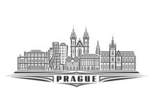 Vector Illustration Of Prague, Monochrome Horizontal Poster With Linear Design Famous Prague City Scape, Urban Line Art Concept With Decorative Lettering For Black Word Prague On White Background