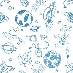 Sticker - hand drawn earth. seamless children's pattern with space elements. doodle sketch of space elements. 