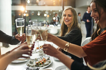 Poster - Good food, good friends, good times. Shot of friends having a dinner party at a restaurant.