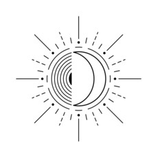 Moon Sun Vector Logo. Line Mystic Symbol In Minimal Flat Linear Style