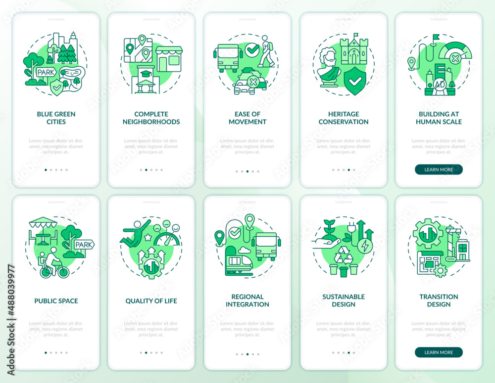Urban planning green onboarding mobile app screen set. City design ...