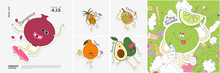 Pomegranate, Sea Buckthorn, Durian, Tangelo, Avocado, Sweetie. Fruit. Set Of Vector Stickers. Funny Characters In Doodle Style. Hand-drawn Cartoon Icons With Stroke.