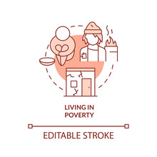 Living In Poverty Red Concept Icon. Lack Of Money And Nutrition. Risk Factors Abstract Idea Thin Line Illustration. Isolated Outline Drawing. Editable Stroke. Arial, Myriad Pro-Bold Fonts Used