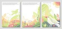 Seasons Landscape With Green Plants, Flowers And Singing Birds. Picture Book, Notebook, Banner, Card Or Invitation Floral Design Concept. Vector Illustration.