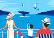 Family Watching Whale Tail in Ocean flat tourist vector poster. People on Whale watching boat tour cartoon illustration. Summer seaside tourist travel vacation. Wildlife underwater mammals background