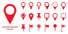 Red Location Pins Sign. Set Of Marker Point On Map, Place Location Pictogram. Pointer Navigation Symbol. Red GPS Tag Collection. Flag Mark, Thumbtack Sign. Isolated Vector Illustration