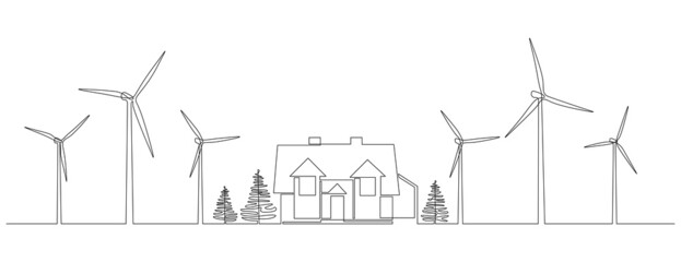 Poster - Wind farm turbines and windmill with family house in One continuous line drawing. Green energy and renewable source of power concept in simple linear style. Contour vector illustration