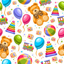 Vector Toys Seamless Pattern, Square Repeating Background With Set Of Cut Out Illustrations Different Kids Toys, Bright Cartoon Flying Balloons, Many Decorative Stars And Confetti On White Background