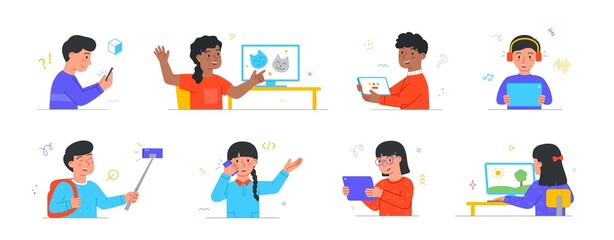 Poster - set of kids using gadgets. little boys and girls with smartphones, digital tablets and computers. on