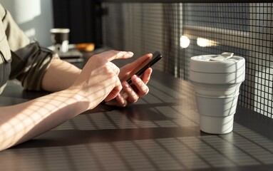 Poster - Female hands closeup holding phone. Woman sitting at cafe desk with eco cup and touching telephone screen. Using smartphones in common life concept. High quality photo