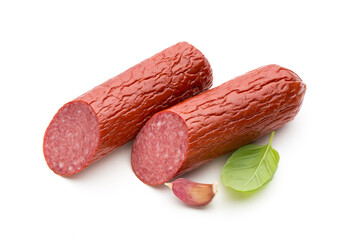 Wall Mural - Salami smoked sausage, basil leaves on white background cutout.