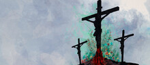 Crucifixion. Watercolor Christian Banner.