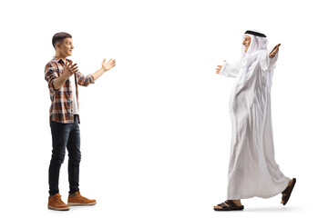 Sticker - Full length profile shot of an arab man walking with open arms towards a casual young man