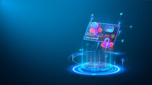 Futuristic Glowing Credit Card, On A Blue Background, Hologram. Online Payment, Protection, Security. Can Be Used For A Web Banner. Secure Payment, Payment Protection Concepts. Credit Card With Lock