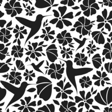 Natural Pattern Leaves Bird Flowers Black Silhouette. Floral Background Stamp Fabric Textile Monochrome Bloom Style. Design Web Scrapbook Magazine Invitation Postcard Seamless Nature Element Isolated