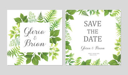 Wall Mural - Wedding invitations with green leaves border. Invite card with place for text. Floral frame. Vector illustration.